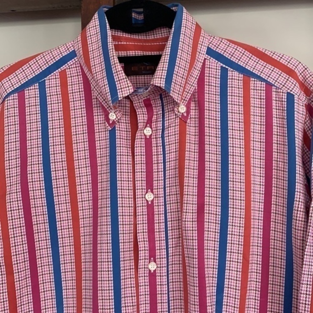Etro Pink Red Blue Striped Dress Shirt